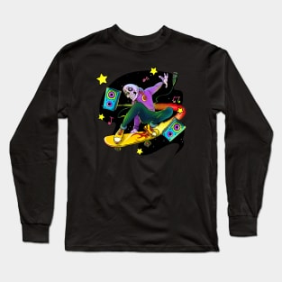 Space Music Skeleton Skateboarding Long Sleeve T-Shirt